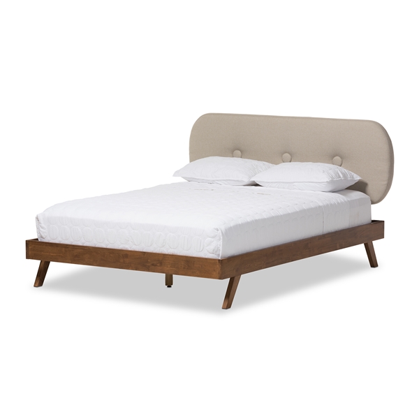 baxton studio Baxton Studio Penelope Mid-Century Modern Solid Walnut Wood Light Beige Fabric Upholstered Queen Size Platform Bed
