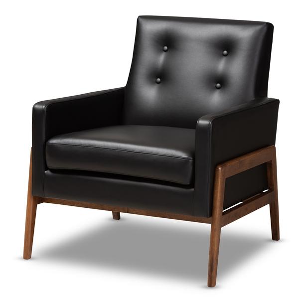 baxton studio Baxton Studio Perris Mid-Century Modern Black Faux Leather Upholstered Walnut Wood Lounge Chair