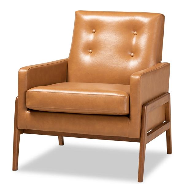 baxton studio Baxton Studio Perris Mid-Century Modern Tan Faux Leather Upholstered and Walnut Brown Finished Wood Lounge Chair