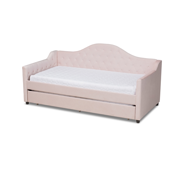 baxton studio Baxton Studio Perry Modern and Contemporary Light Pink Velvet Fabric Upholstered and Button Tufted Twin Size Daybed with Trundle