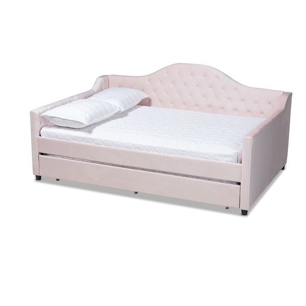 baxton studio Baxton Studio Perry Modern and Contemporary Light Pink Velvet Fabric Upholstered and Button Tufted Full Size Daybed with Trundle