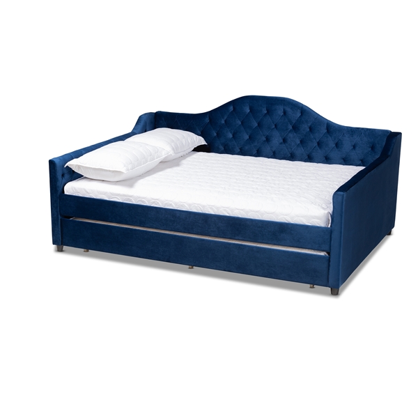 baxton studio Baxton Studio Perry Modern and Contemporary Navy Blue Velvet Fabric Upholstered and Button Tufted Queen Size Daybed with Trundle