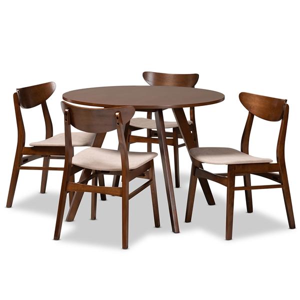 baxton studio Baxton Studio Philip Mid-Century Modern Transitional Light Beige Fabric Upholstered and Walnut Brown Finished Wood 5-Piece Dining Set