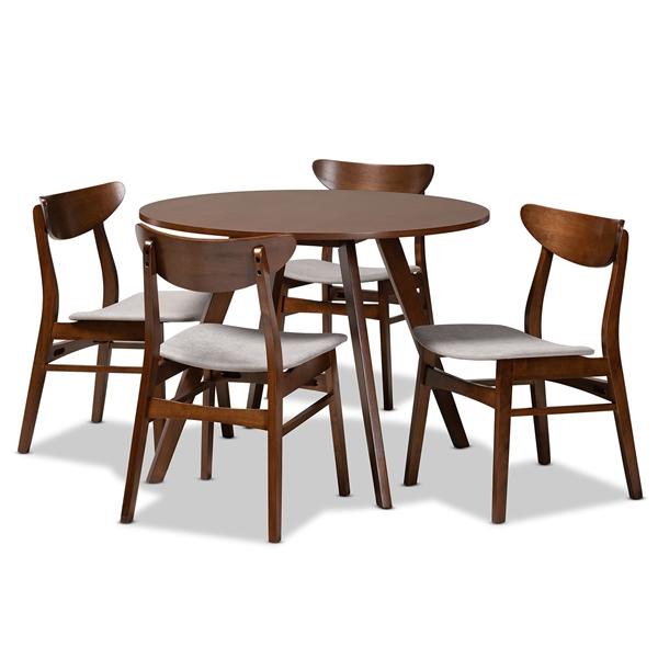 baxton studio Baxton Studio Philip Mid-Century Modern Transitional Light Grey Fabric Upholstered and Walnut Brown Finished Wood 5-Piece Dining Set