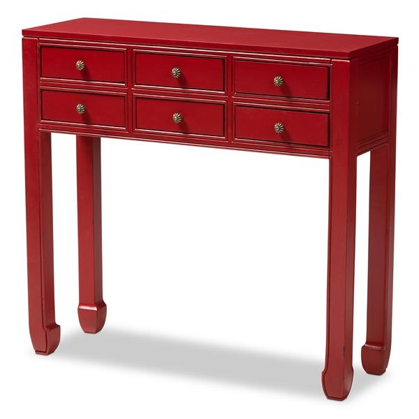 baxton studio Baxton Studio Pomme Classic and Antique Red Finished Wood Bronze Finished Accents 6-Drawer Console Table