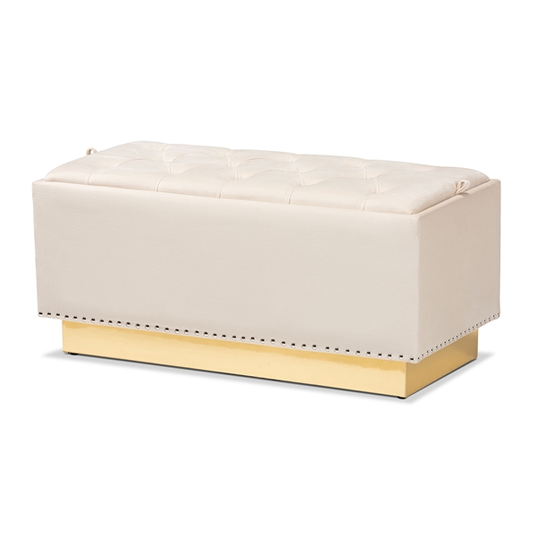 baxton studio Baxton Studio Powell Glam and Luxe Beige Velvet Fabric Upholstered and Gold PU Leather Storage Ottoman