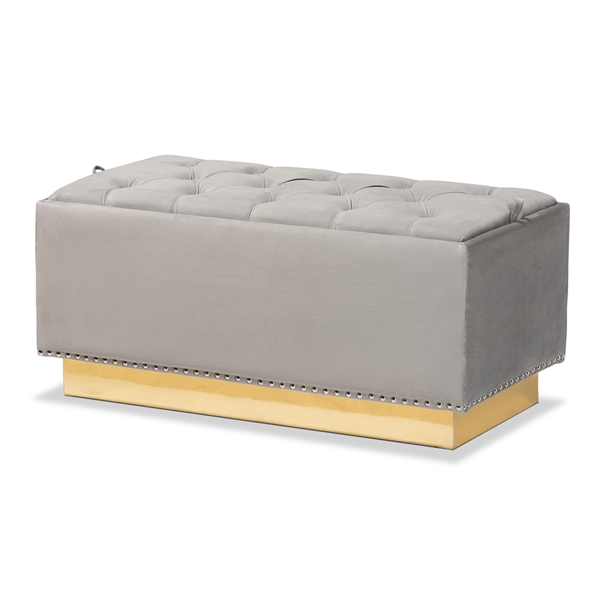 baxton studio Baxton Studio Powell Glam and Luxe Grey Velvet Fabric Upholstered and Gold PU Leather Storage Ottoman