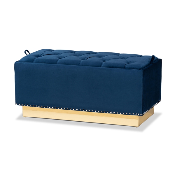 baxton studio Baxton Studio Powell Glam and Luxe Navy Blue Velvet Fabric Upholstered and Gold PU Leather Storage Ottoman