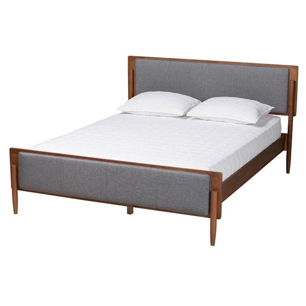 baxton studio Baxton Studio Powers Mid-Century Modern Grey Fabric and Ash Walnut Finished Wood Queen Size Platform Bed