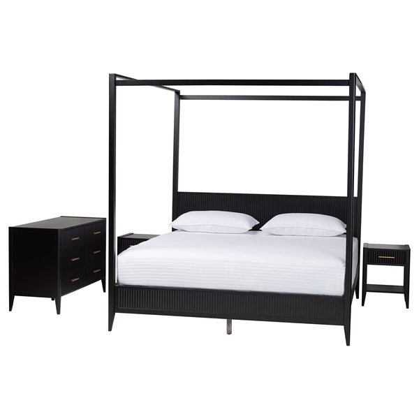 baxton studio Baxton Studio Primrose Mid-Century Black Fluted Wood King Size 4-Piece Canopy Bedroom Set