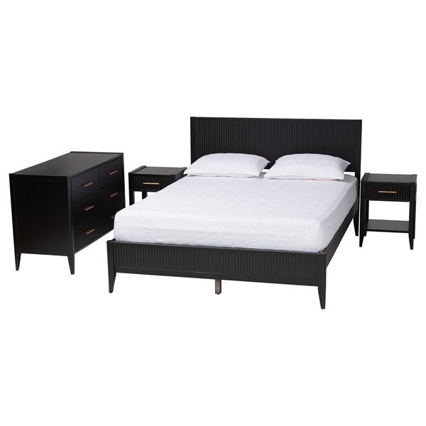 baxton studio Baxton Studio Primrose Mid-Century Black Fluted Wood King Size 4-Piece Bedroom Set