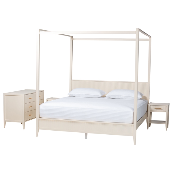 baxton studio Baxton Studio Primrose Mid-Century Ivory Fluted Wood King Size 4-Piece Canopy Bedroom Set