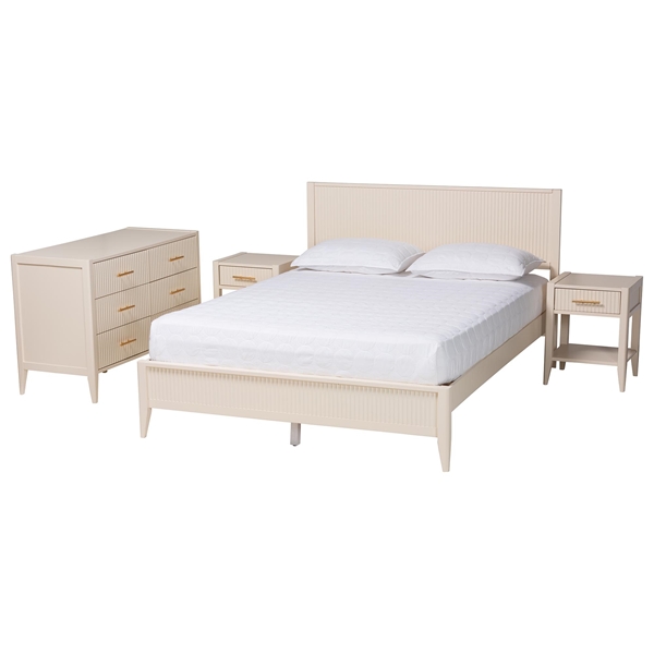 baxton studio Baxton Studio Primrose Mid-Century Ivory Fluted Wood Queen Size 4-Piece Bedroom Set