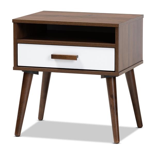 baxton studio Baxton Studio Quinn Mid-Century Modern Two-Tone White and Walnut Finished 1-Drawer Wood End Table