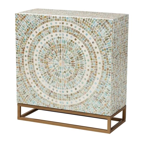 baxton studio Baxton Studio Quintus Modern Bohemian Multicolor Mother of Pearl and Gold Metal Storage Cabinet