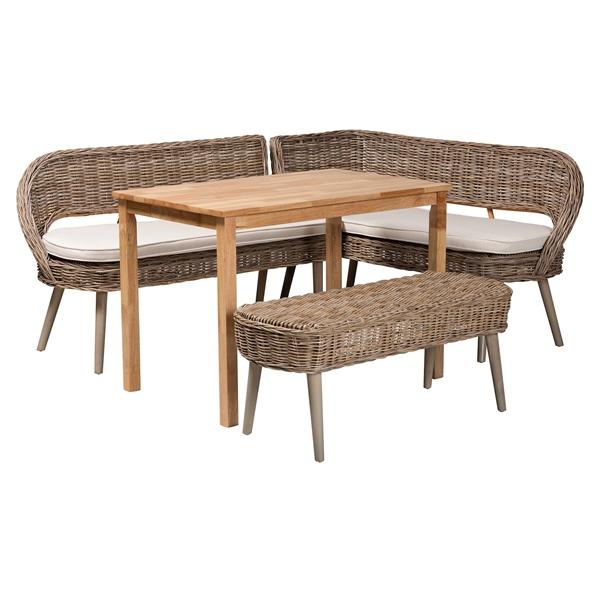 baxton studio Baxton Studio Raisa Modern Bohemian Greywashed Seagrass Bench and Wood Table 4-Piece Dining Nook Set