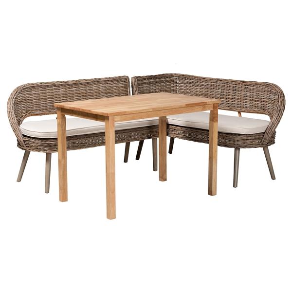 baxton studio Baxton Studio Raisa Modern Bohemian Natural Kubu Rattan Bench and Wood Table 3-Piece Dining Nook Set