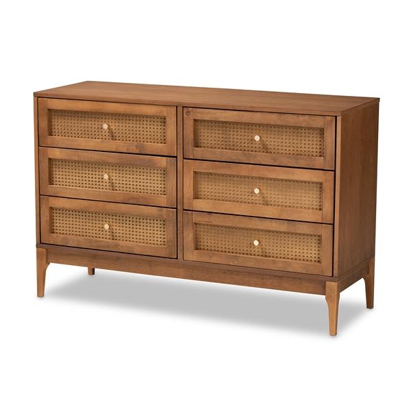 baxton studio Baxton Studio Ramiel Mid-Century Modern Ash Walnut Finished Wood and Rattan 6-Drawer Dresser