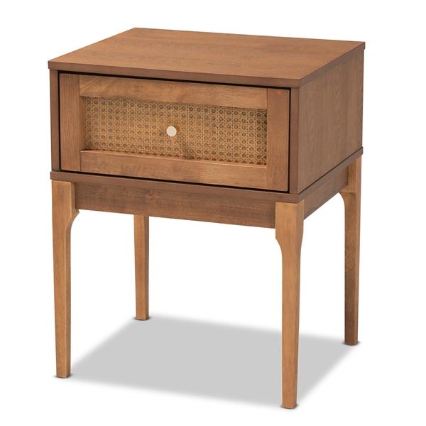 baxton studio Baxton Studio Ramiel Mid-Century Modern Ash Walnut Finished Wood and Rattan 1-Drawer Nightstand