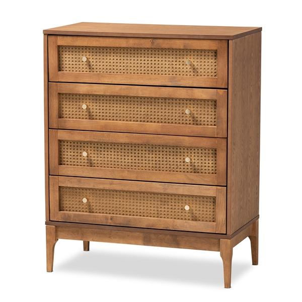 baxton studio Baxton Studio Ramiel Mid-Century Modern Ash Walnut Finished Wood and Rattan 4-Drawer Chest