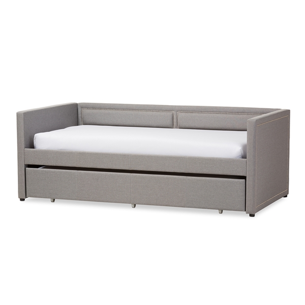 baxton studio Baxton Studio Raymond Modern and Contemporary Grey Fabric Nail Heads Trimmed Sofa Twin Daybed with Roll-Out Trundle Guest Bed