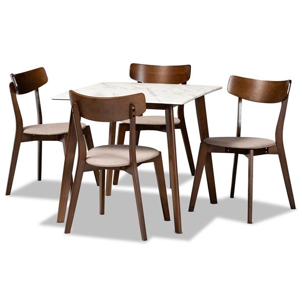 baxton studio Baxton Studio Reba Mid-Century Modern Light Beige Fabric Upholstered and Walnut Brown Finished Wood 5-Piece Dining Set with Faux Marble Dining Table