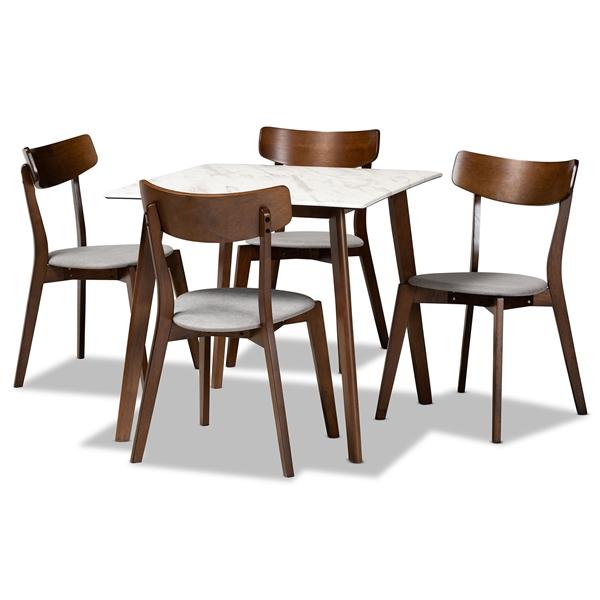 baxton studio Baxton Studio Reba Mid-Century Modern Light Grey Fabric Upholstered and Walnut Brown Finished Wood 5-Piece Dining Set with Faux Marble Dining Table