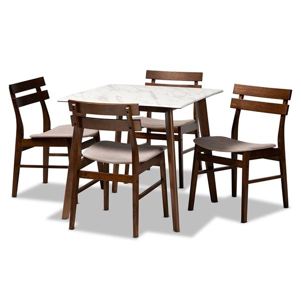 baxton studio Baxton Studio Richmond Mid-Century Modern Light Beige Fabric Upholstered and Walnut Brown Finished Wood 5-Piece Dining Set with Faux Marble Dining Table