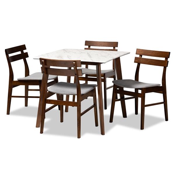 baxton studio Baxton Studio Richmond Mid-Century Modern Light Grey Fabric Upholstered and Walnut Brown Finished Wood 5-Piece Dining Set with Faux Marble Dining Table