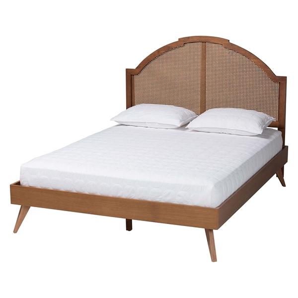 baxton studio Baxton Studio Ridgely Mid-Century Walnut Brown Wood and Rattan Queen Size Platform Bed