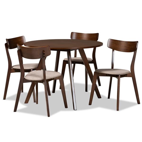 baxton studio Baxton Studio Rika Mid-Century Modern Transitional Light Beige Fabric Upholstered and Walnut Brown Finished Wood 5-Piece Dining Set