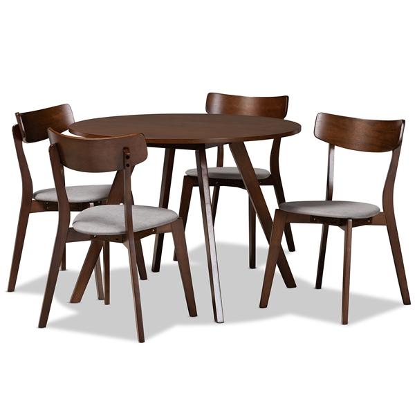 baxton studio Baxton Studio Rika Mid-Century Modern Transitional Light Grey Fabric Upholstered and Walnut Brown Finished Wood 5-Piece Dining Set