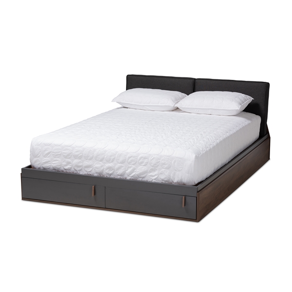 baxton studio Baxton Studio Rikke Modern and Contemporary Two-Tone Gray and Walnut Finished Wood Queen Size Platform Storage Bed with Gray Fabric Upholstered Headboard