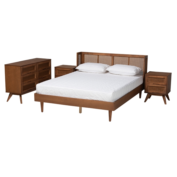 baxton studio Baxton Studio Rina Mid-Century Modern Ash Walnut Finished Wood 4-Piece Queen Size Bedroom Set with Synthetic Rattan