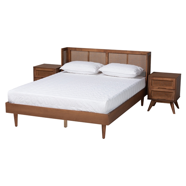 baxton studio Baxton Studio Rina Mid-Century Modern Ash Walnut Finished Wood 3-Piece Queen Size Bedroom Set with Synthetic Rattan