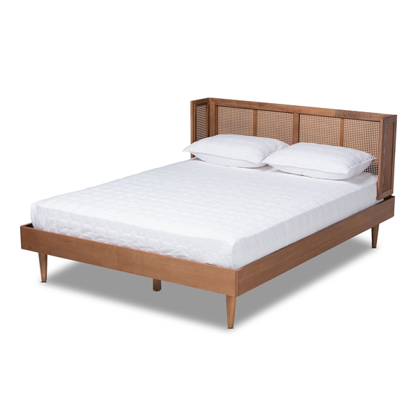 baxton studio Baxton Studio Rina Mid-Century Modern Ash Wanut Finished Wood and Synthetic Rattan Queen Size Platform Bed with Wrap-Around Headboard