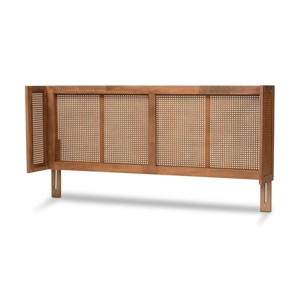 baxton studio Baxton Studio Rina Mid-Century Modern Ash Wanut Finished Wood and Synthetic Rattan Queen Size Wrap-Around Headboard