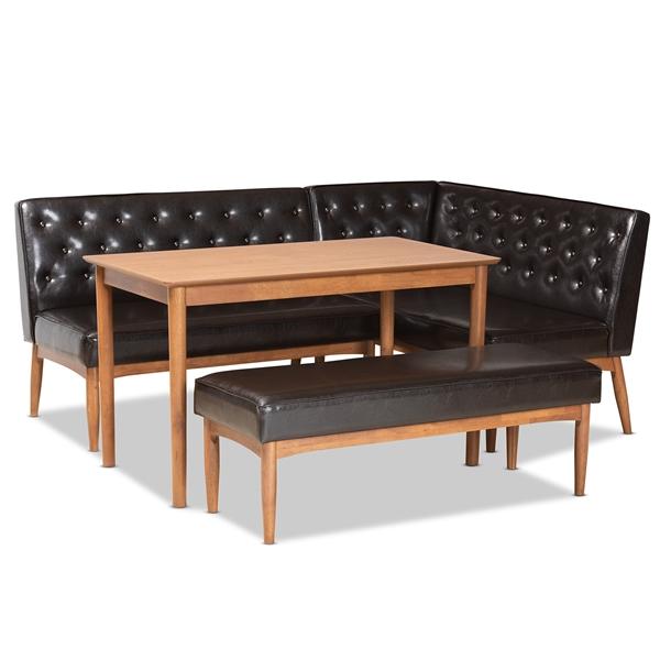 baxton studio Baxton Studio Riordan Mid-Century Modern Dark Brown Faux Leather Upholstered and Walnut Brown Finished Wood 4-Piece Dining Nook Set