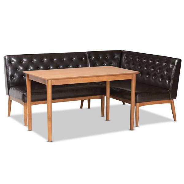 baxton studio Baxton Studio Riordan Mid-Century Modern Dark Brown Faux Leather Upholstered and Walnut Brown Finished Wood 3-Piece Dining Nook Set