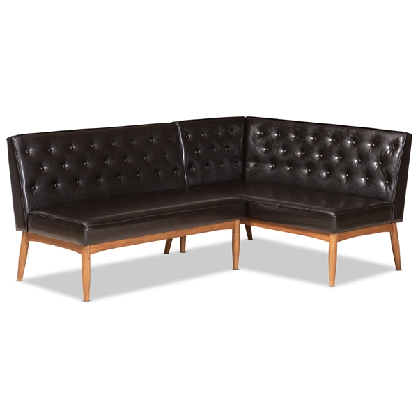 baxton studio Baxton Studio Riordan Mid-Century Modern Dark Brown Faux Leather Upholstered and Walnut Brown Finished Wood 2-Piece Dining Nook Banquette Set