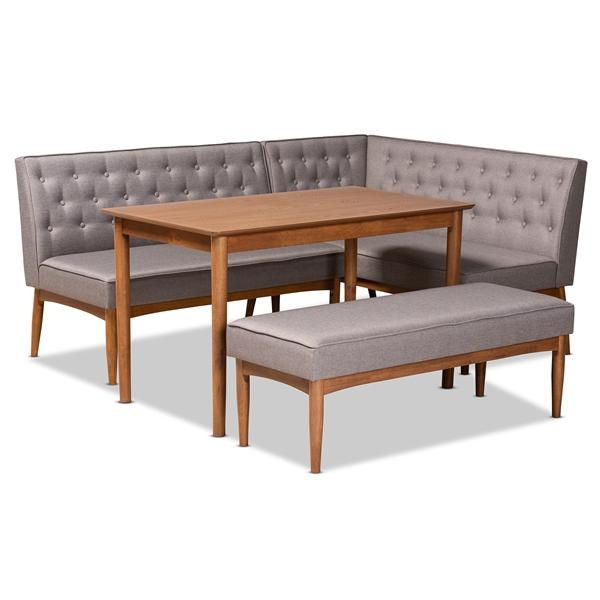 baxton studio Baxton Studio Riordan Mid-Century Modern Grey Fabric Upholstered and Walnut Brown Finished Wood 4-Piece Dining Nook Set