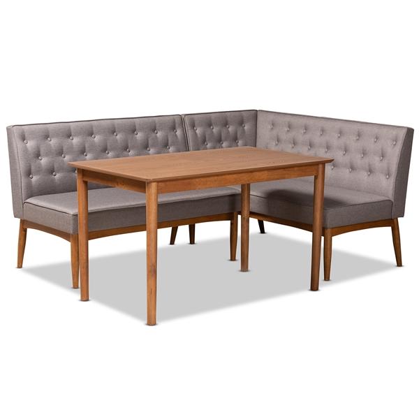 baxton studio Baxton Studio Riordan Mid-Century Modern Grey Fabric Upholstered and Walnut Brown Finished Wood 3-Piece Dining Nook Set