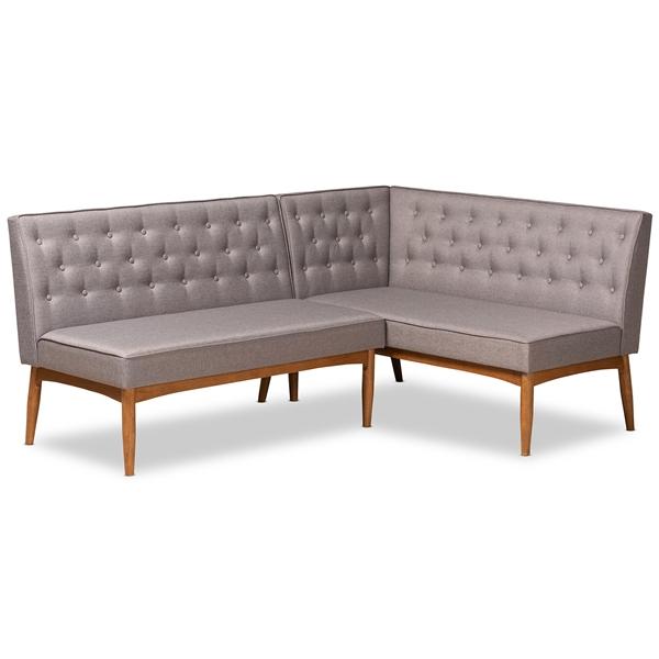 baxton studio Baxton Studio Riordan Mid-Century Modern Grey Fabric Upholstered and Walnut Brown Finished Wood 2-Piece Dining Nook Banquette Set