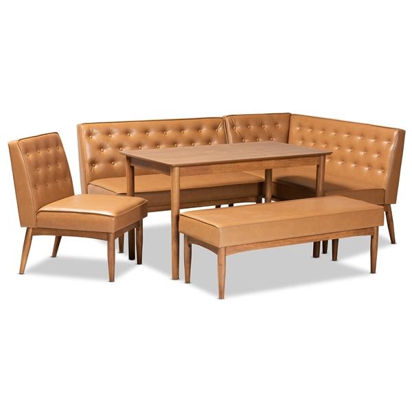 baxton studio Baxton Studio Riordan Mid-Century Modern Tan Faux Leather Upholstered and Walnut Brown Finished Wood 5-Piece Dining Nook Set