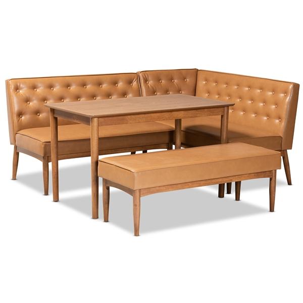 baxton studio Baxton Studio Riordan Mid-Century Modern Tan Faux Leather Upholstered and Walnut Brown Finished Wood 4-Piece Dining Nook Set