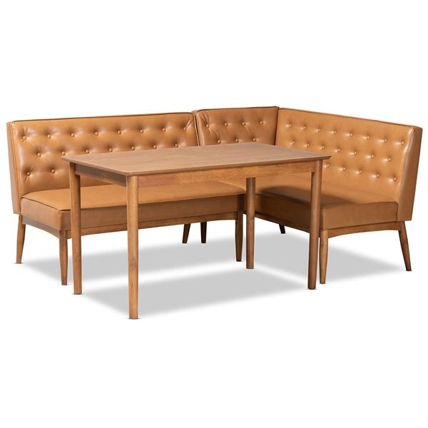 baxton studio Baxton Studio Riordan Mid-Century Modern Tan Faux Leather Upholstered and Walnut Brown Finished Wood 3-Piece Dining Nook Set