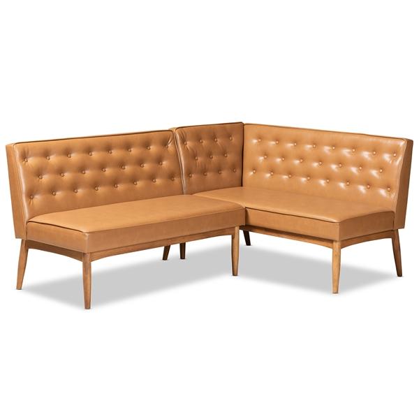 baxton studio Baxton Studio Riordan Mid-Century Modern Tan Faux Leather Upholstered and Walnut Brown Finished Wood 2-Piece Dining Nook Banquette Set