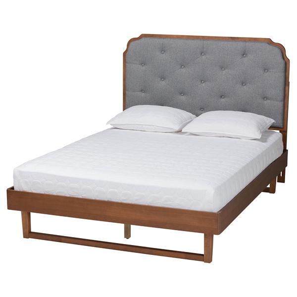 baxton studio Baxton Studio Roald Mid-Century Modern Grey Fabric and Walnut Brown Wood Queen Size Platform Bed