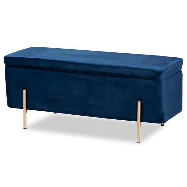 baxton studio Baxton Studio Rockwell Contemporary Glam and Luxe Navy Blue Velvet Fabric Upholstered and Gold Finished Metal Storage Bench