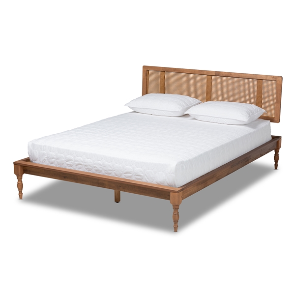 baxton studio Baxton Studio Romy Vintage French Inspired Ash Wanut Finished Wood and Synthetic Rattan Queen Size Platform Bed